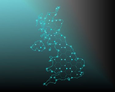 Map of United Kingdom from polygonal blue lines and glowing stars